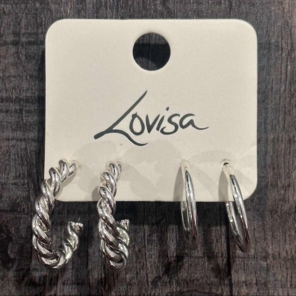 New Imported 2-Pair Silver Hoop Earrings Set